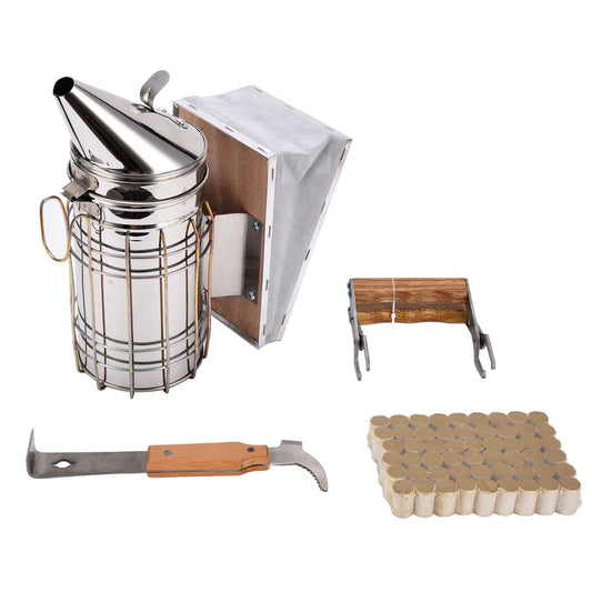 4PCS/Set Beehive Smoker Set Frame Clip Scraper Moxa Cone Stainless Steel Smoker Beekeeper Starter Kit for V1294-YM0523-3111210387311