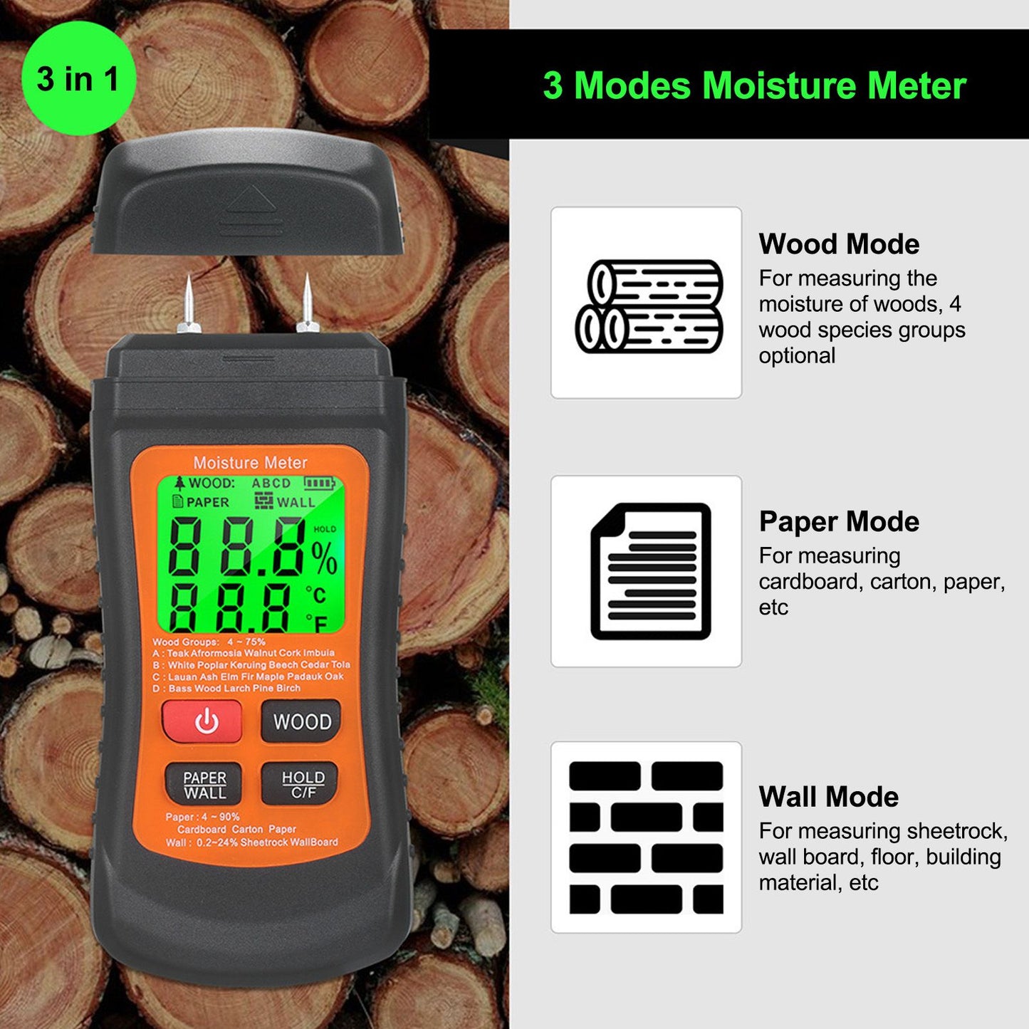 Moisture Meter Wood Moisture Detector Intelligent Temperature Humidity Measuring Digital Pin Type Instrument V1294-YM0523-3111220123911