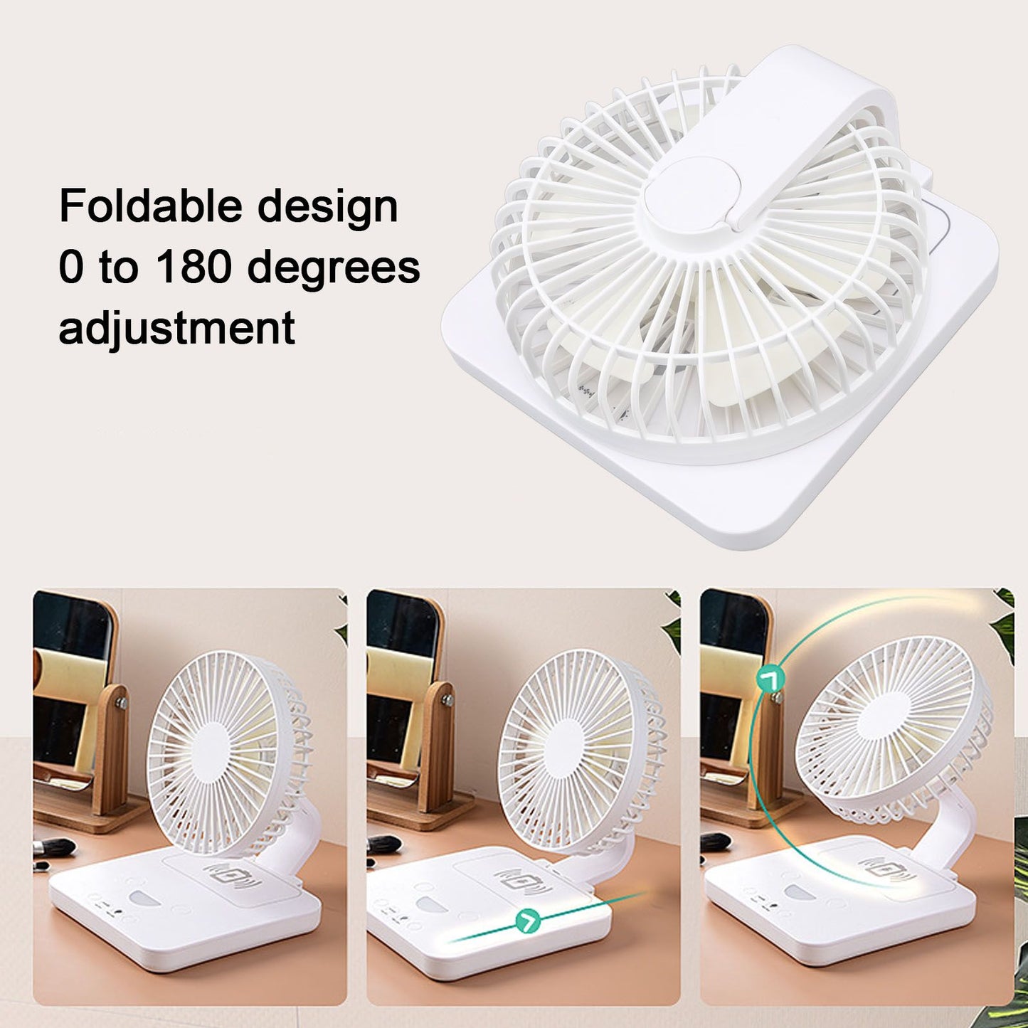 USB Desk Fan Support Wireless Phone Charging Dimmable Night Light 3 Speeds 180 Degrees Adjustable Small Desk V1294-YM0523-3113220061111