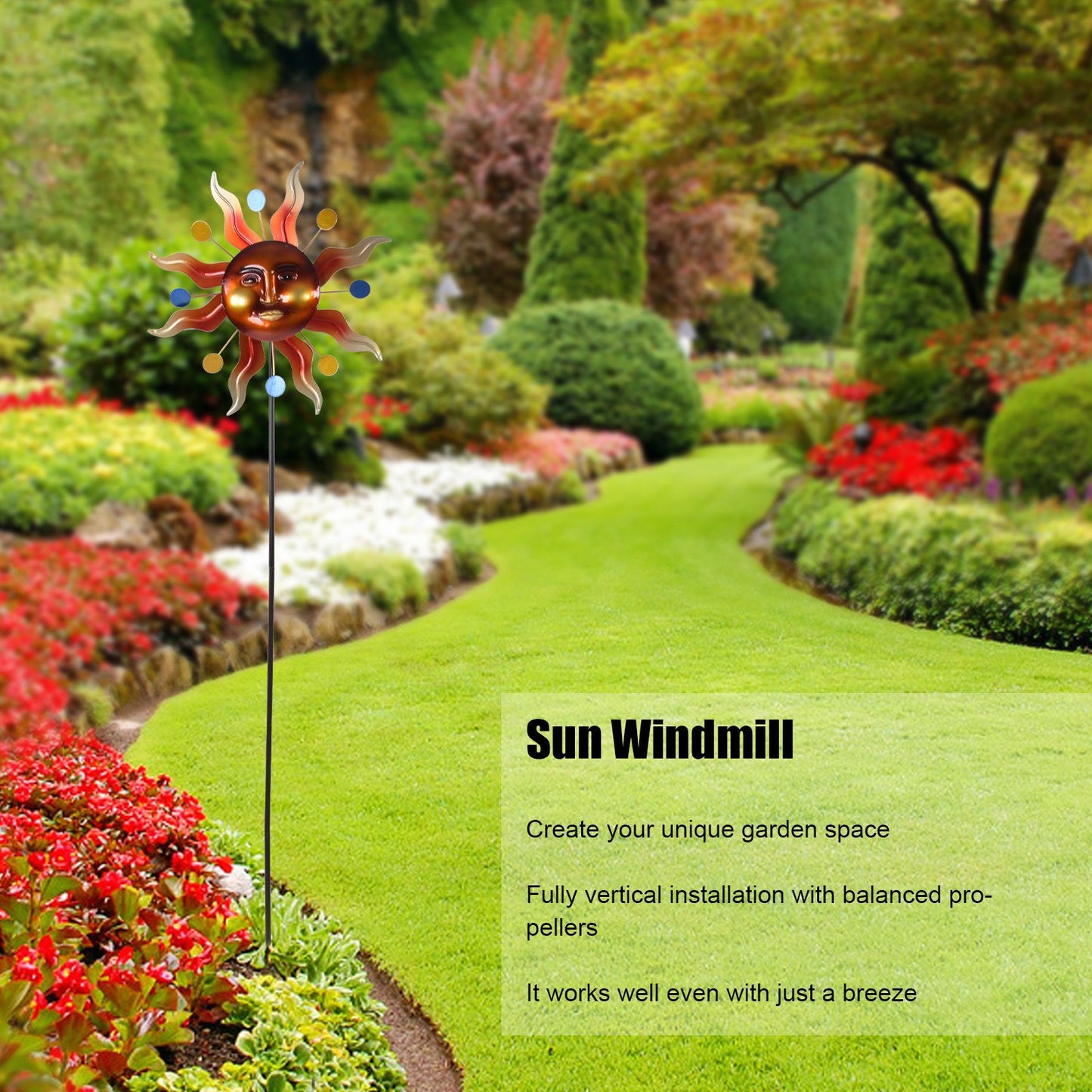 Sun Windmill Iron Weather Resistant Decorative Flower Wind Spinner with Ground Stake for Patio Yard Garden V1294-YM0523-3115220010211
