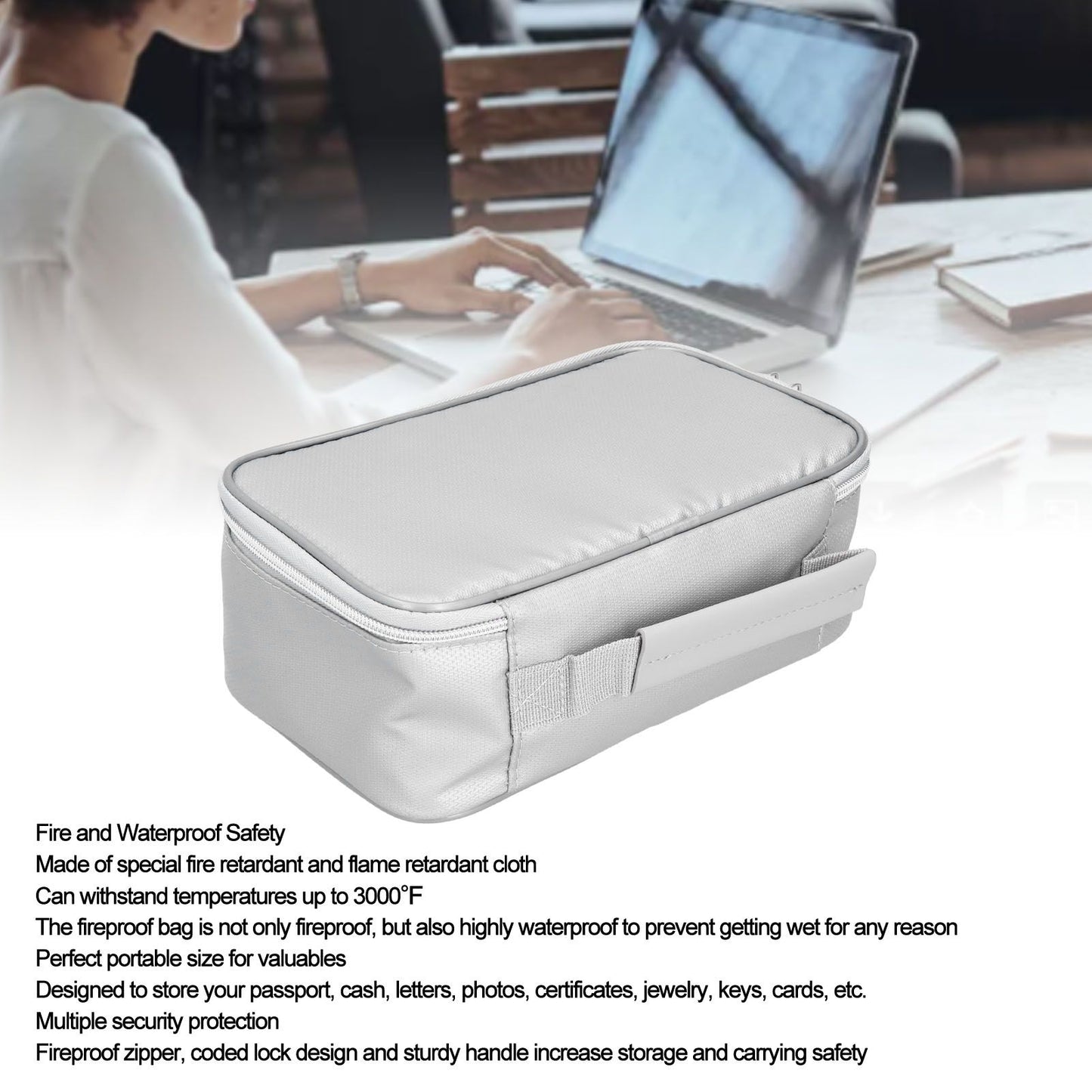 Fireproof Document Bag with Lock Portable Small Fireproof Document Bag for Home Office TravelSilver V1294-YM0523-3117210170011