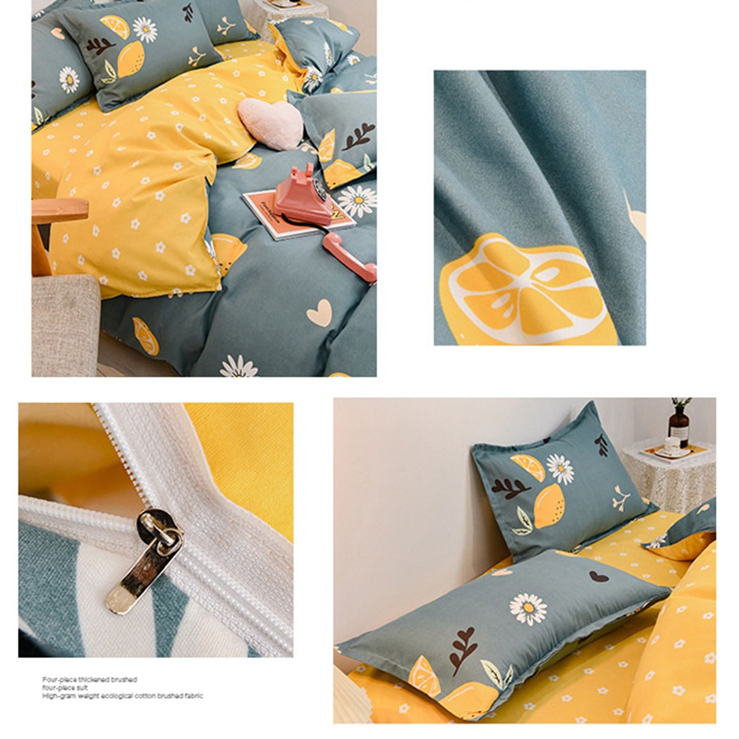 4pcs Bedding Set Soft Cotton Bed Sheet Quilt Cover Pillowcase Thickened Bedclothes for Home Lemon 1.2m/47.2in V1294-YM0523-3117220071811