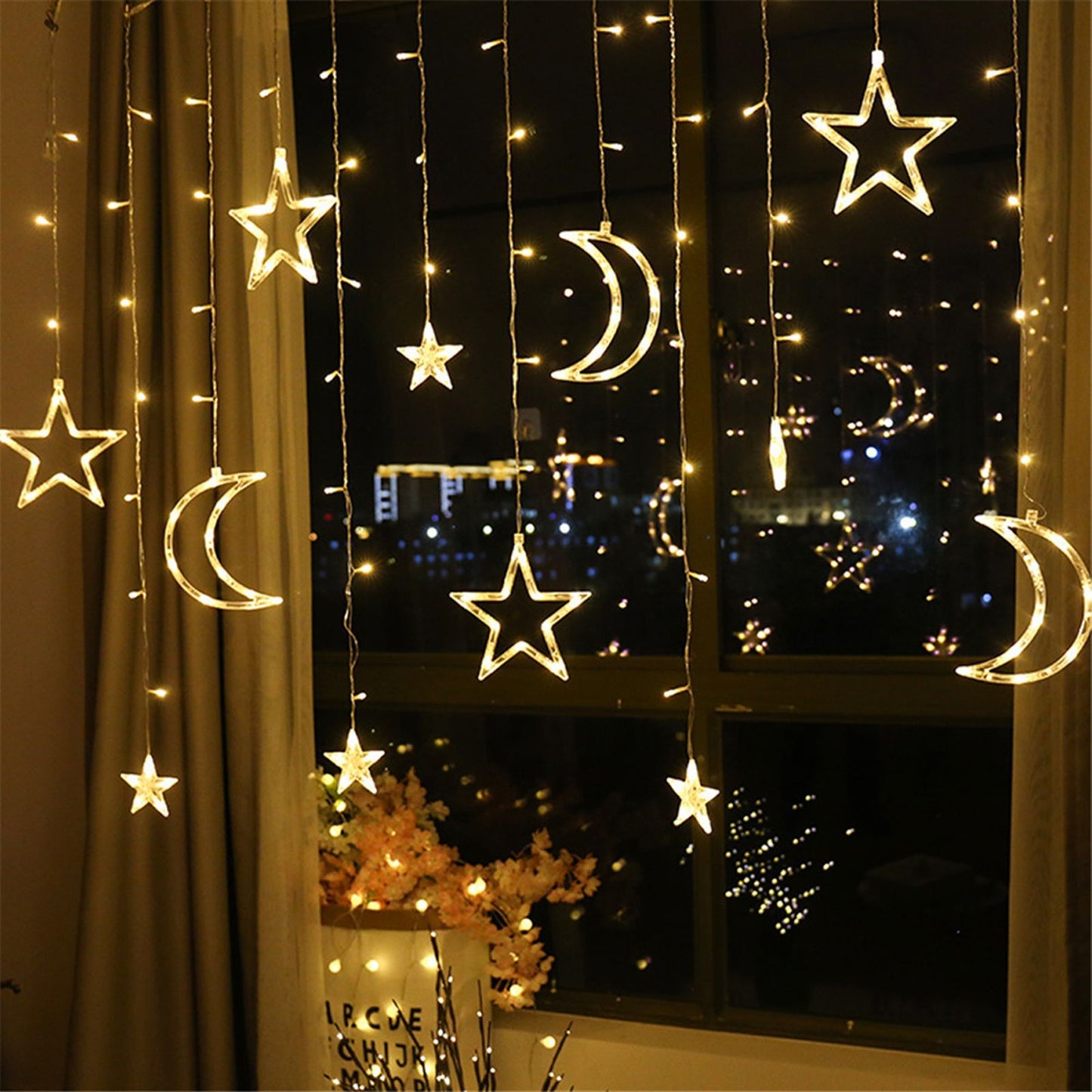 Star Moon Curtain String Lights Romantic Ambience 2 Lighting Modes 126 LED Ramadan Curtain Lights for V1294-YM0523-3119220030711