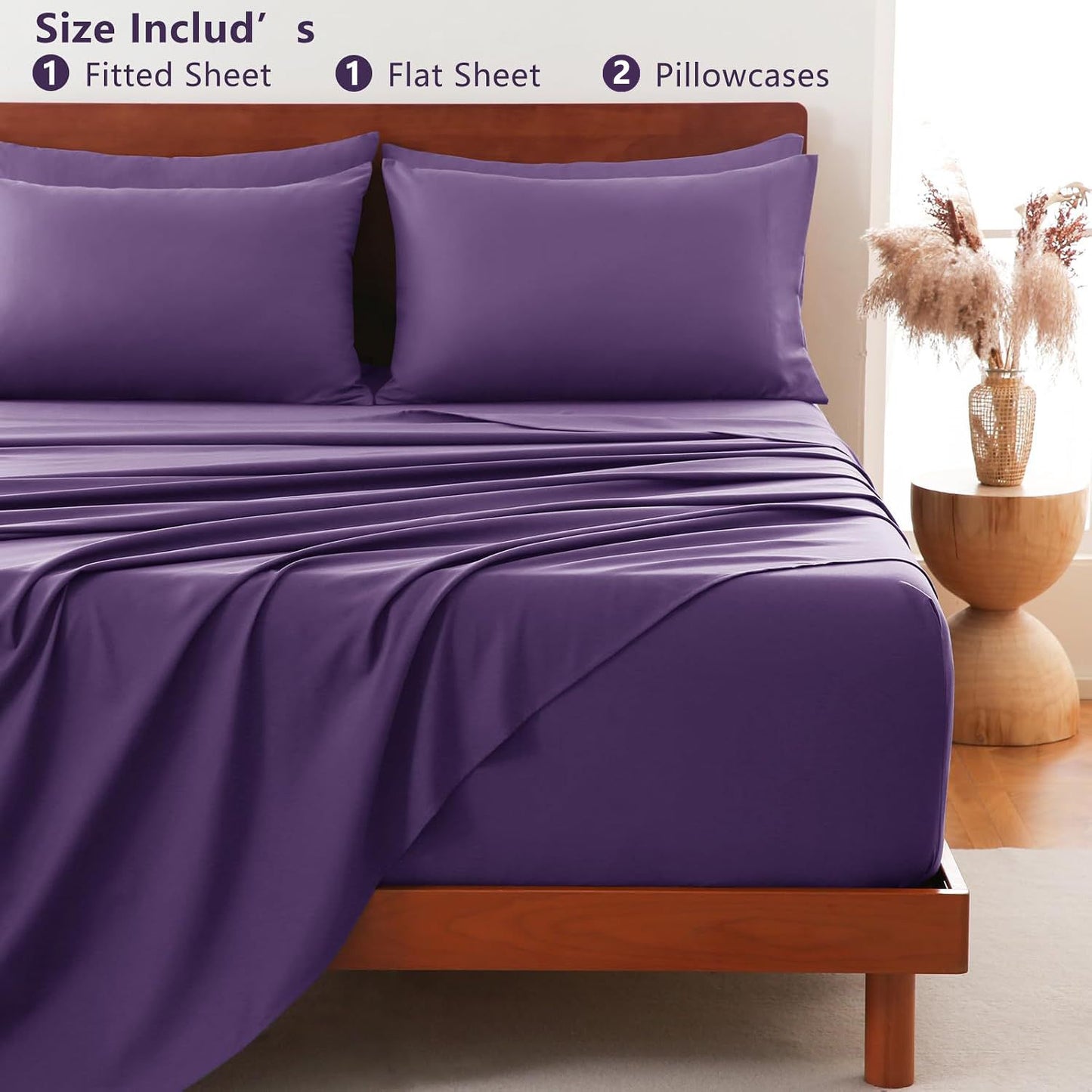 Hotel Soft Bed Sheet Set- Bedding Sheets & Pillowcases -Breathable Bedding - Wrinkle, Fade, Stain Resistant-Deep Pocket Flat Fitted Bed Sheet Set(Purple,King Single)
