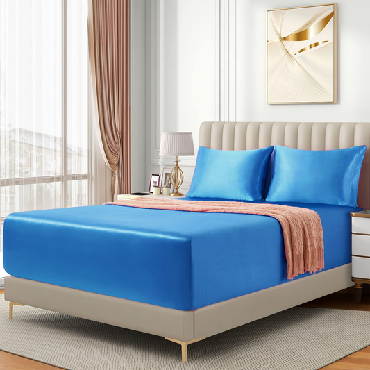 Satin Fitted Sheet Set Hotel 3 Pieces Fitted Sheet with Pillowcase, Art Silk Bedding Set-Luxury Soft Silky V1317-SD90-AUD-3JT-CL-HL