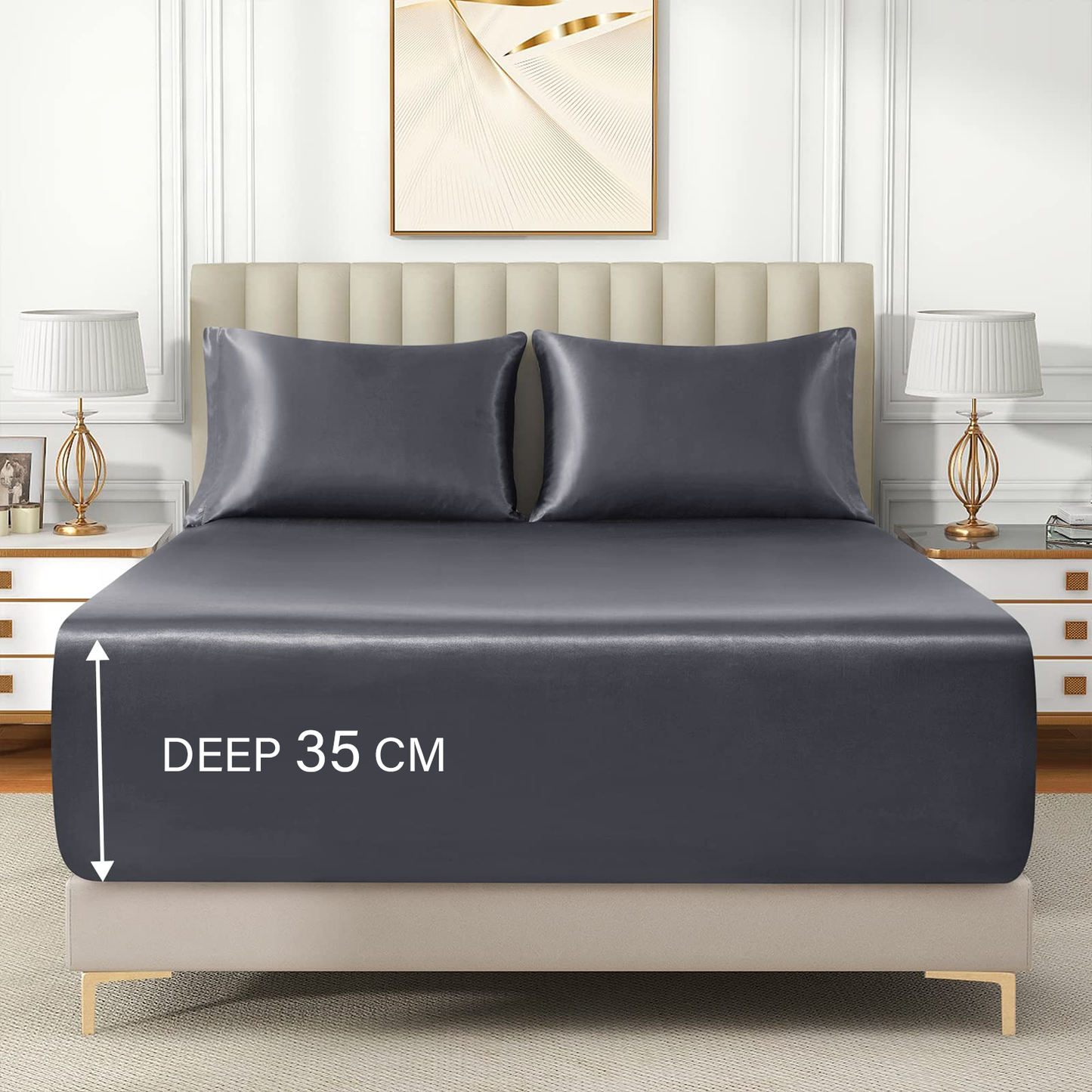 Satin Fitted Sheet Set Hotel 3 Pieces Fitted Sheet with Pillowcase, Art Silk Bedding Set-Luxury Soft Silky V1317-SD90-AUSK-3JT-CL-HUI