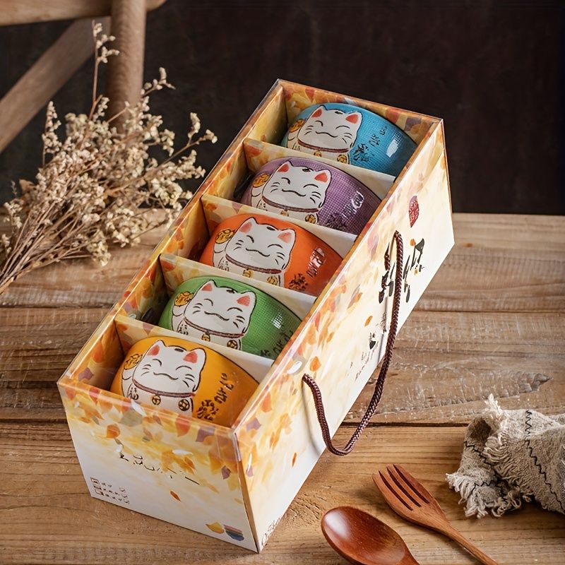 Lucky Cat Ceramic Bowl Set - 4-Piece Maneki-Neko Gift Box V1347-DSZ-001-123