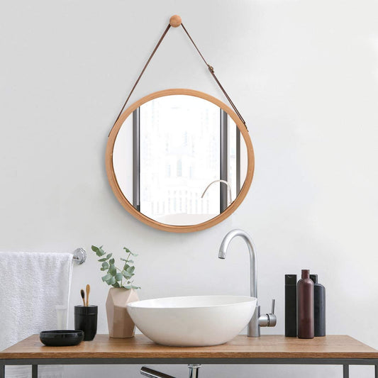 Hanging Round Wall Mirror 45 cm - Solid Bamboo Frame and Adjustable Leather Strap for Bathroom and Bedroom V178-36015