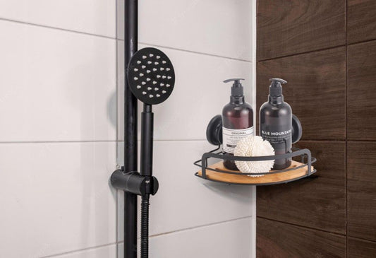 2 Pack Round Bamboo Corner Shower Caddy Shelf Basket Rack with Premium Vacuum Suction Cup No-Drilling for V178-36025