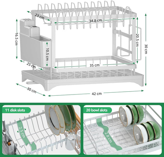CARLA HOME 2-Tier Dish Drying Rack with Drainage Tray, Utensil Holder, Cup Hooks & Cutting Board Slot for V178-36160