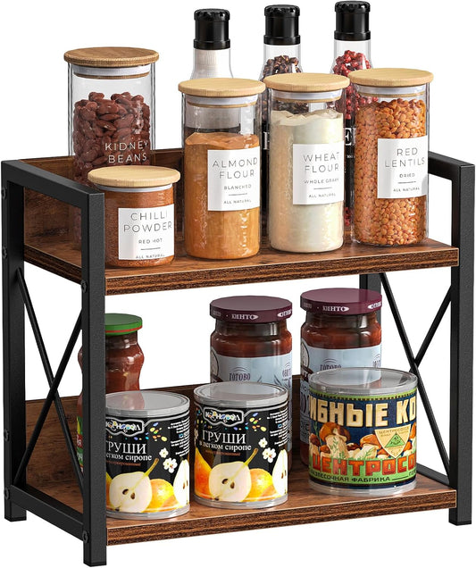 CARLA HOME 2-Tier Countertop Shelf Organizer Rustic Wood Kitchen Spice Rack for Storage, Condiments & Cabinet V178-36177