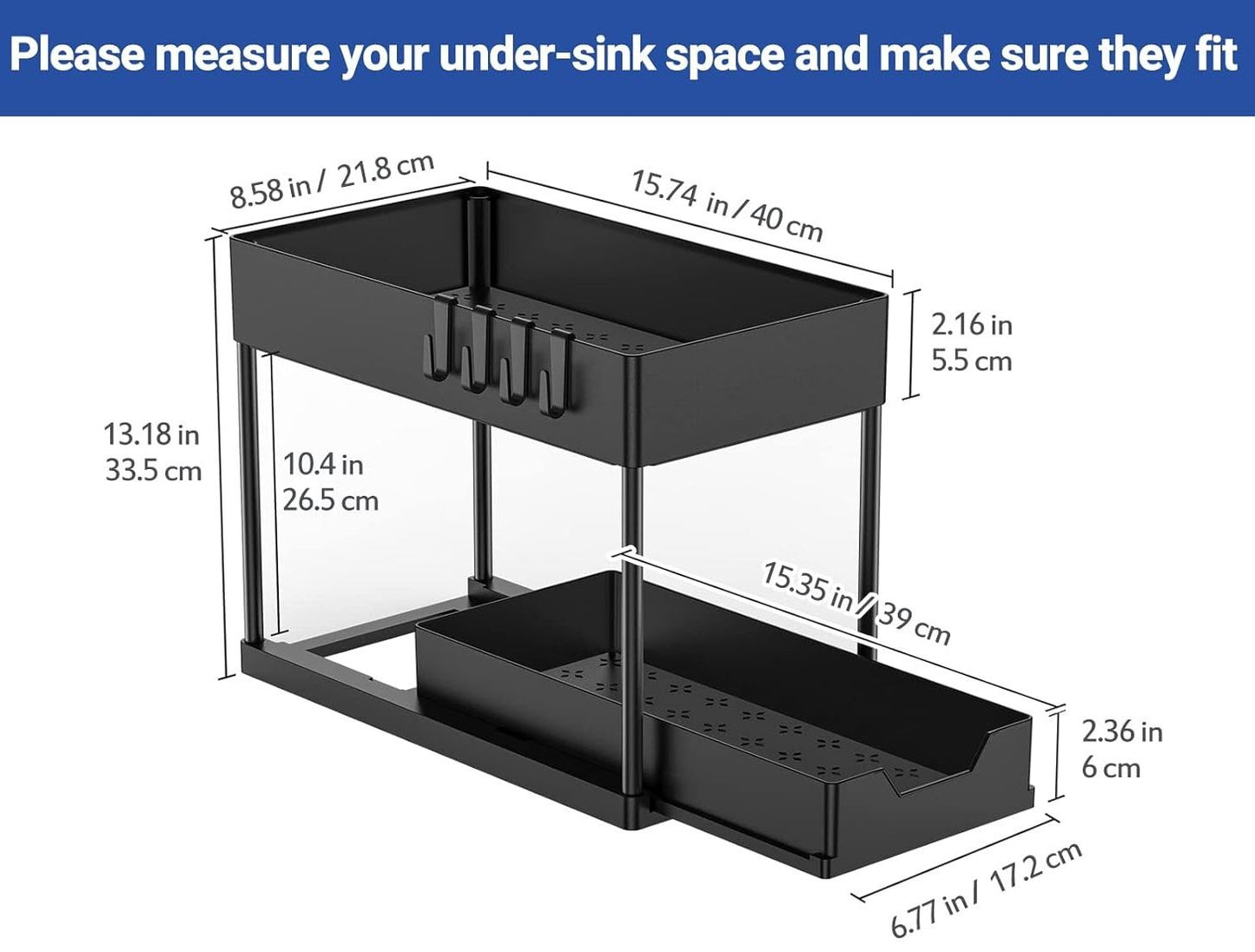 CARLA HOME 2 Pack Under Sink Organizer with Pull-Out Basket and Hooks for Bathroom & Kitchen V178-36318