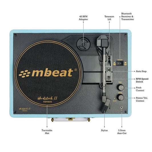 mbeat Woodstock II Sky Blue Retro Bluetooth (TX/RX) Turntable V186-MB-TR96BLU
