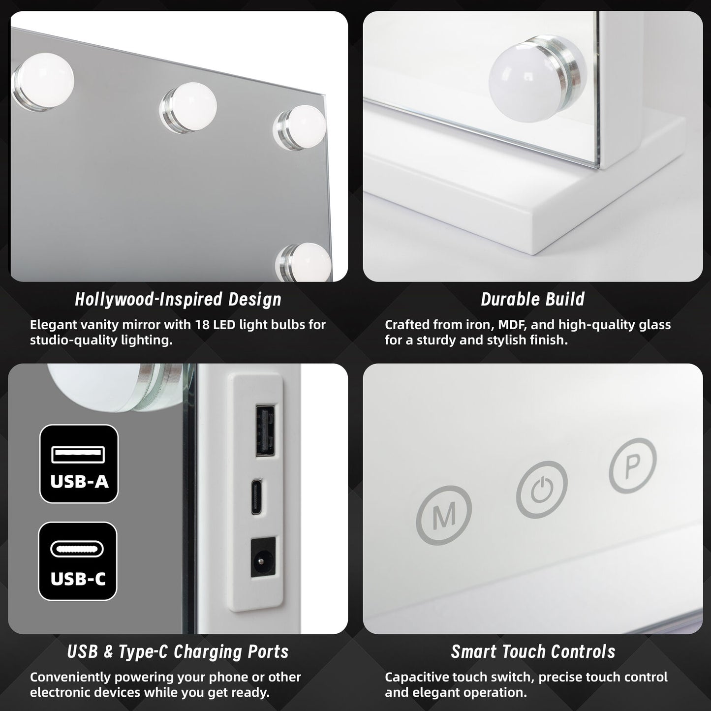 LED Beauty Mirror with 18 Bulbs, Colour Settings, USB A and USB C, White, 80 x 62cm V196-BM800