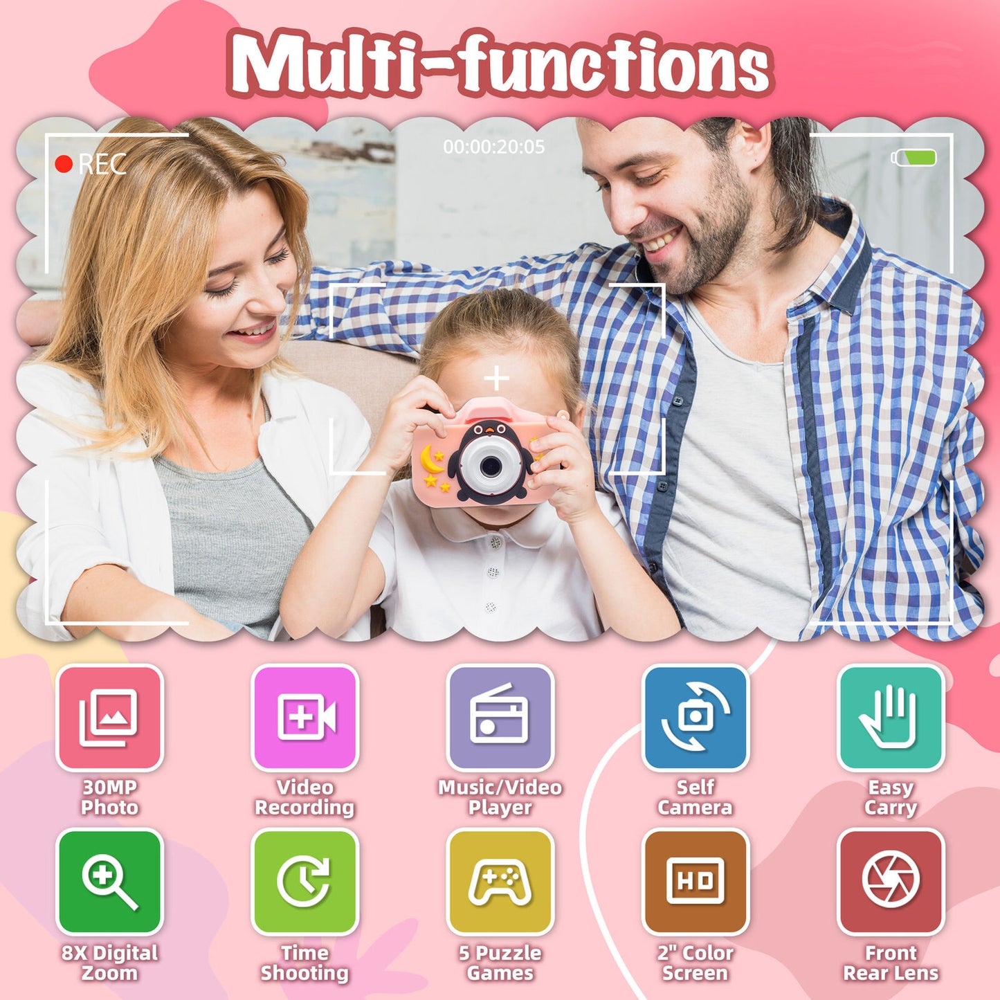 Kids Digital Dual Lens Camera, 4x Zoom and HD Video Recording (Pink) V196-KDC-0024