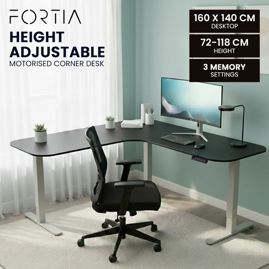 FORTIA Corner Standing Desk, 160x140cm, 72-118cm Sit to Stand Up Electric Height Adjustable, Black V219-ADKCORFOR1BKSA
