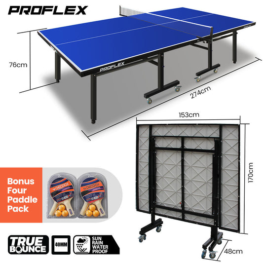Proflex Premium Outdoor Table Tennis Table, with 4 Player Ping Pong Paddle and Pingpong Ball Pack V219-ATHTTBPFT2OA
