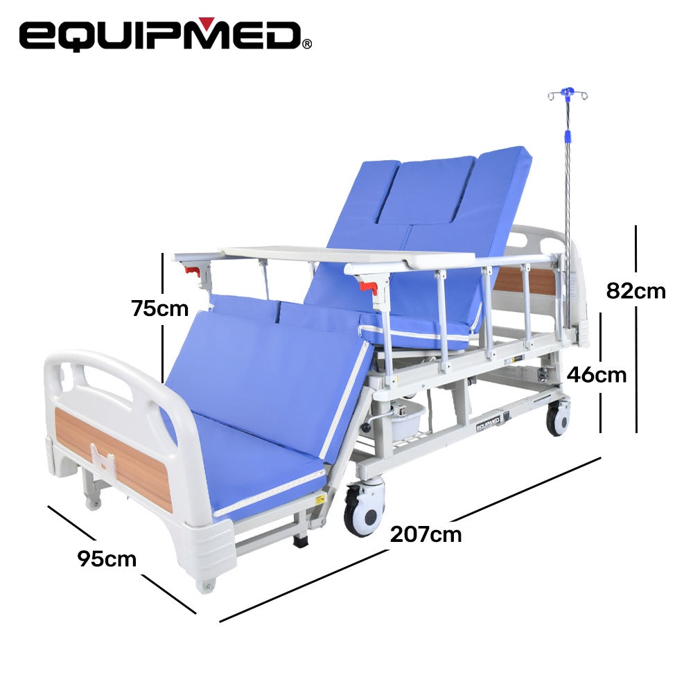 EQUIPMED 7 Function Medical Bed, w/ Mattress & Over Bed Table, Adjustable Back and Leg Lifting, Lateral V219-BNSADBEQM06A