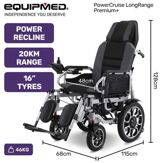 EQUIPMED Electric Wheelchair, Power Recline, Long Range, Lithium Battery, 16" Rear Wheels, Headrest, Folding, V219-HELWLCEQPGK9A