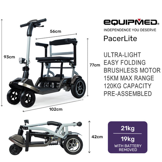 EQUIPMED Ultra-Lightweight Folding Electric Mobility Scooter, 19kg with Battery Removed, 120kg Capacity, Long V219-HMBMSCEQAL1A
