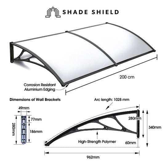 SHADE SHIELD 2x1m Aluminium Exterior Awning, Black DIY External UV Rain Protection Clear Polycarbonate Canopy V219-OAWFIXSS21CA