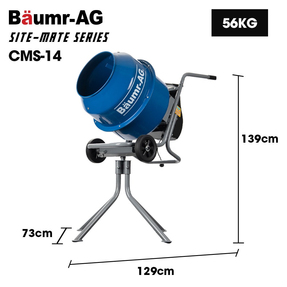 BAUMR-AG 140L Portable Cement Concrete Mixer with Pedestal Stand, 550W Electric Motor, 10 Inch Solid Rubber V219-TOLCCMBM1C4A