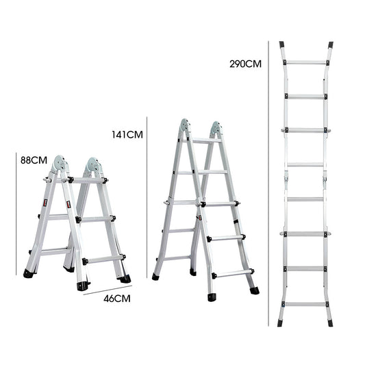 Bullet 2.9m Folding Aluminium Multipurpose Ladder, w/ Workshelf Platform, Spring Assisted Rapid Safety Lock V219-TOLLDABU29AA