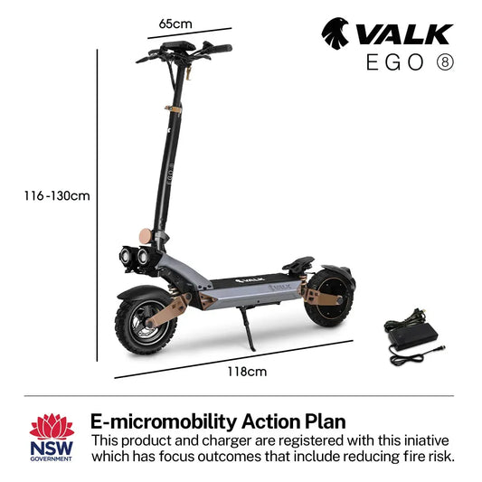VALK Ego 8 Electric Scooter, Powerful, AU Compliant, 48V 13Ah, 55km Max Range, eScooter for Adults, Foldable, V219-TRNESCVAE8BA