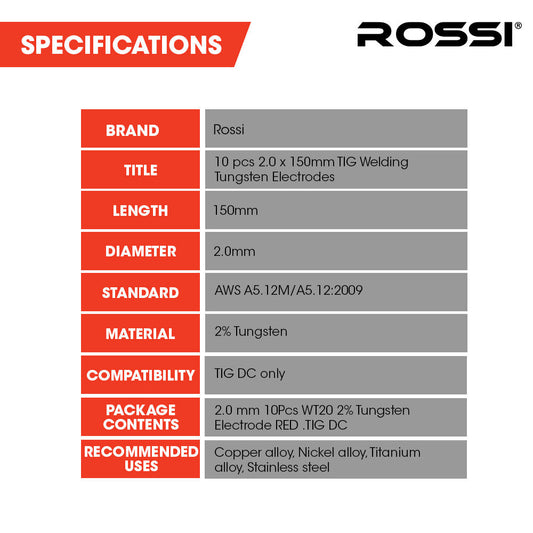 ROSSI 10pc 2.0mm x 150mm TIG Welding Tungsten Electrodes , for Copper Alloy, Nickel Alloy, Titanium Alloy, V219-WDRECDRO20BA