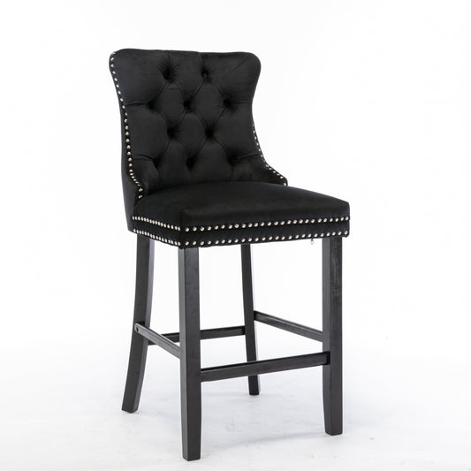 2X Velvet Bar Stools with Studs Trim Wooden Legs Tufted Dining Chairs Kitchen V226-SW1802BK