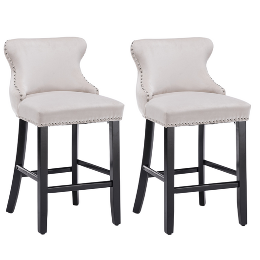 4x Velvet Upholstered Button Tufted Bar Stools with Wood Legs and Studs-Beige V226-SW1824BG-2