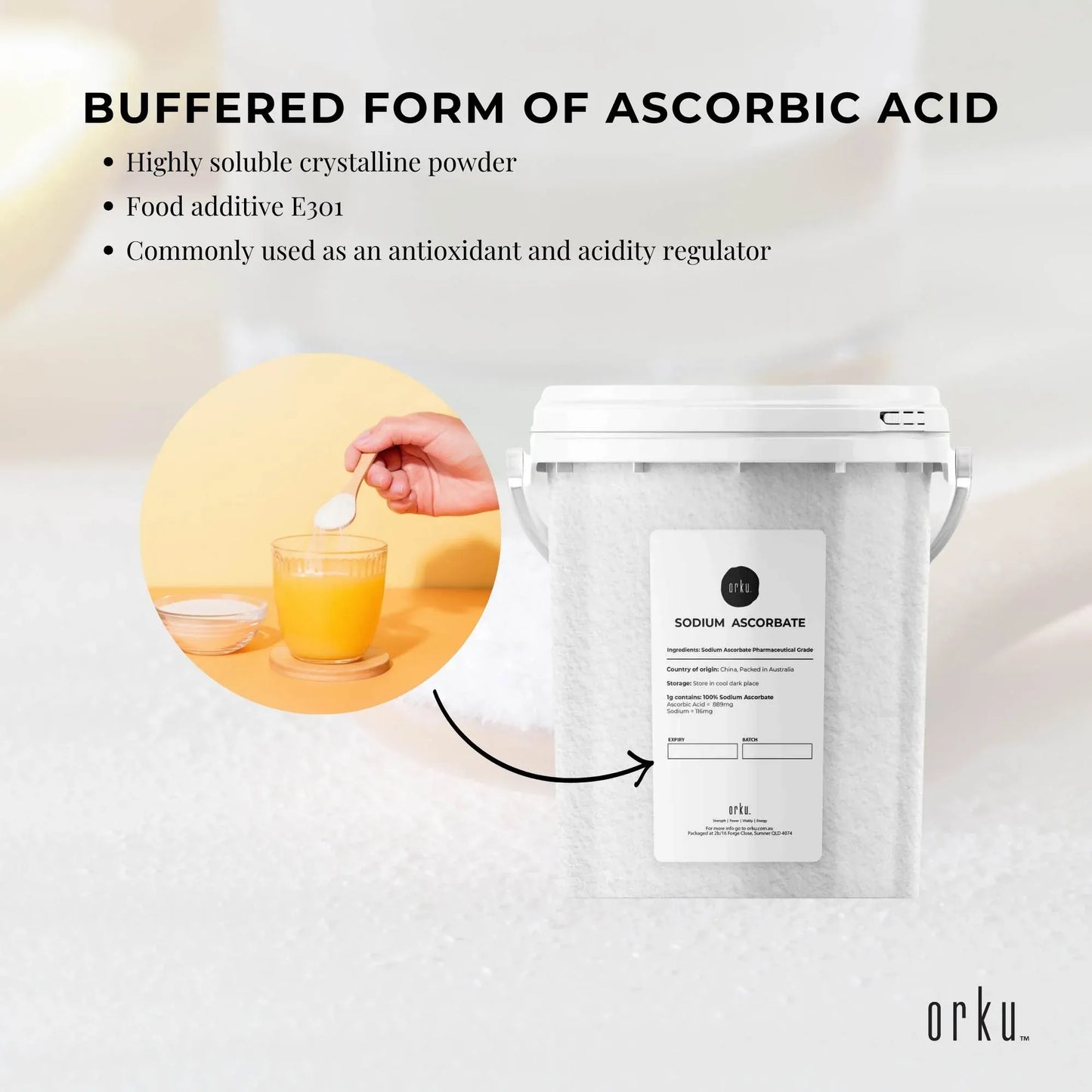 Orku 1.2Kg Sodium Ascorbate Tub - High Purity Soluble Crystalline Powder V238-SUPDZ-28715134943312