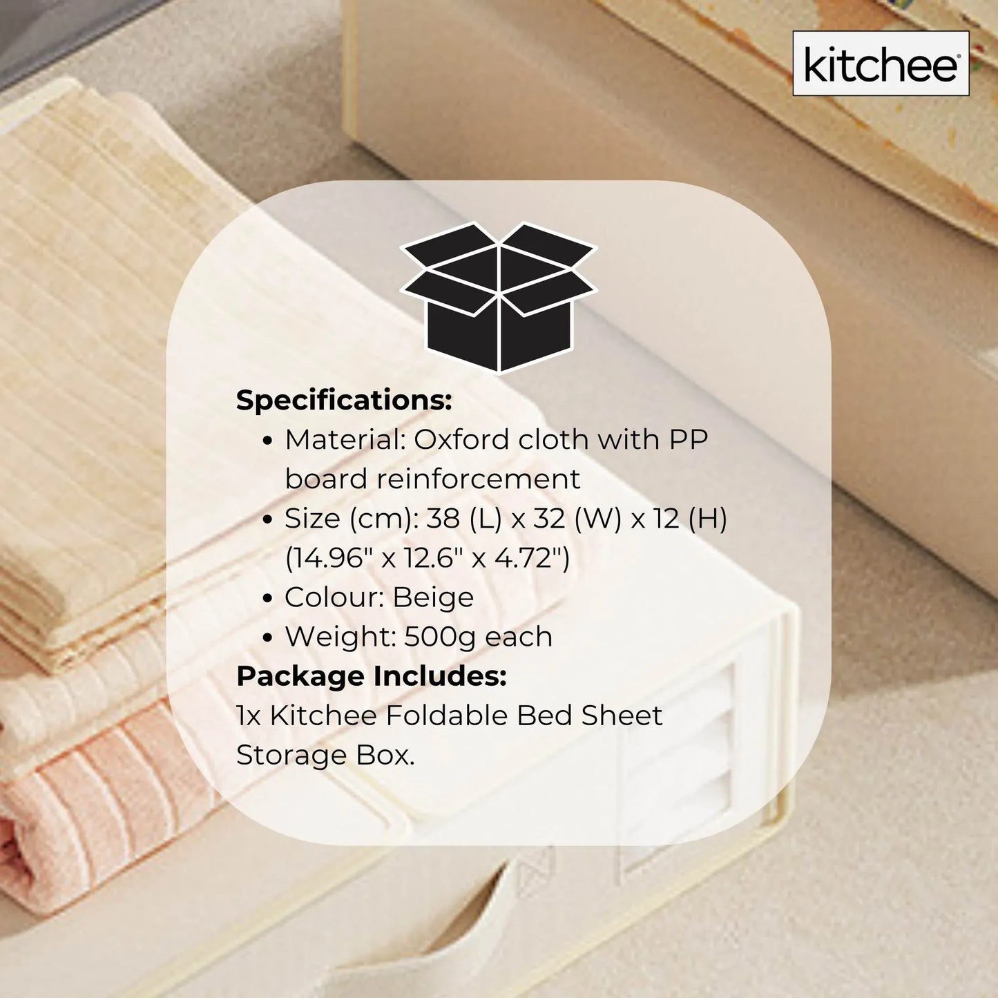 1x Kitchee Foldable Bed Sheet Storage Box - Linen and Closet Organiser Beige V238-SUPDZ-41188856037456