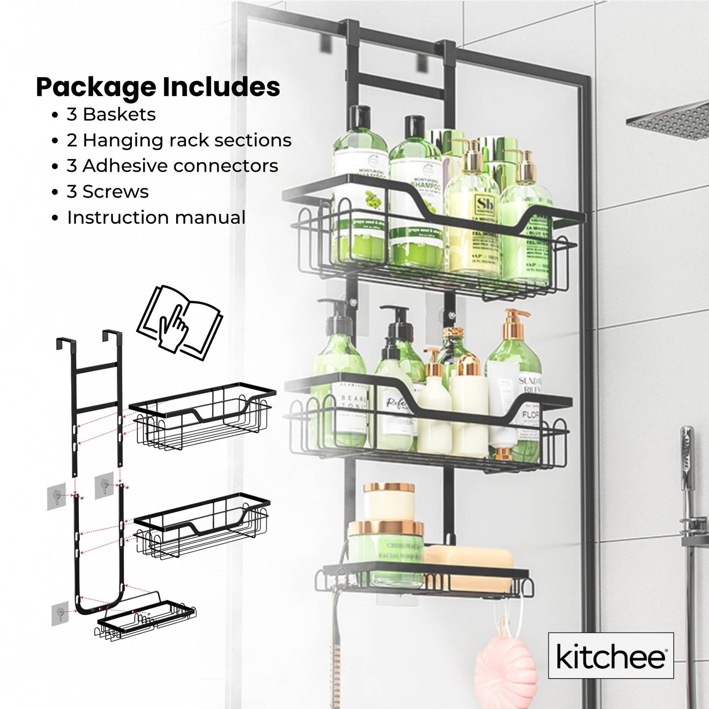 Kitchee 3 Tier Shower Caddy Over Door Bathroom Hanging Shelf Storage Rack Black V238-SUPDZ-41319004242000