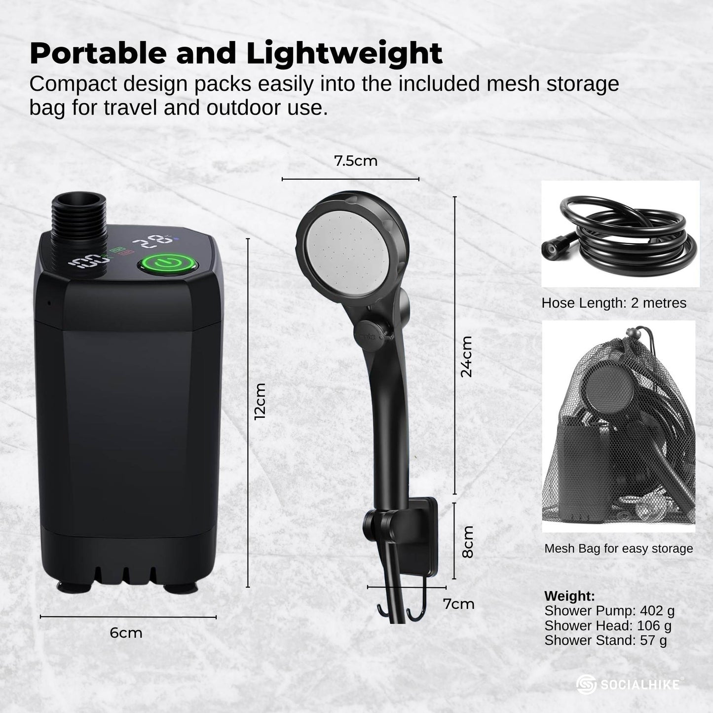 Social Hike Portable Camping Shower Kit - 6000MAh Outdoor Rechargeable Pump LED V238-SUPDZ-41370003538000