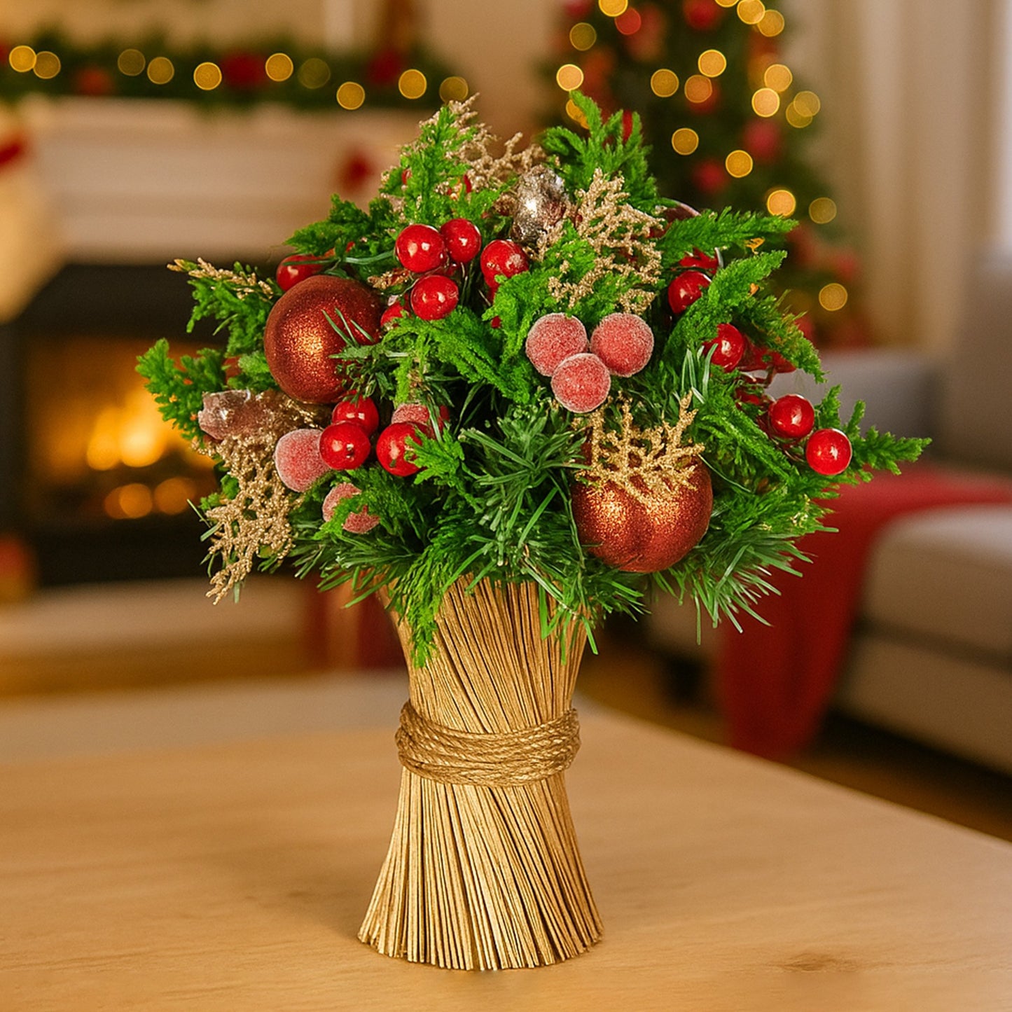 Christabelle 33cm Christmas Bouquet Pre-Decorated Holiday Floral Arrangement with Berries, Baubles & Pine V240-112_GUE507