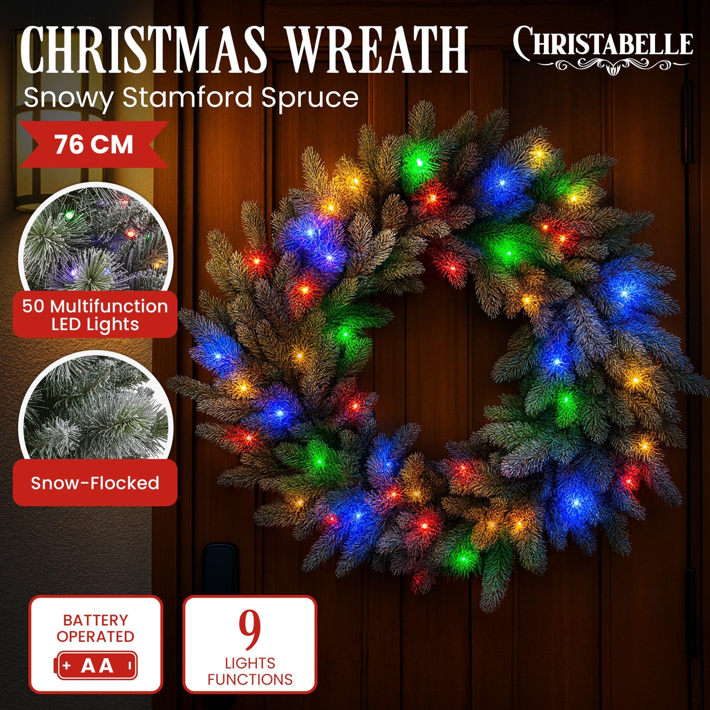 Christabelle 76cm Christmas Wreath Snowy Stamford Spruce with LED Lights Front Door Decoration Ornament V240-112_NATSS76