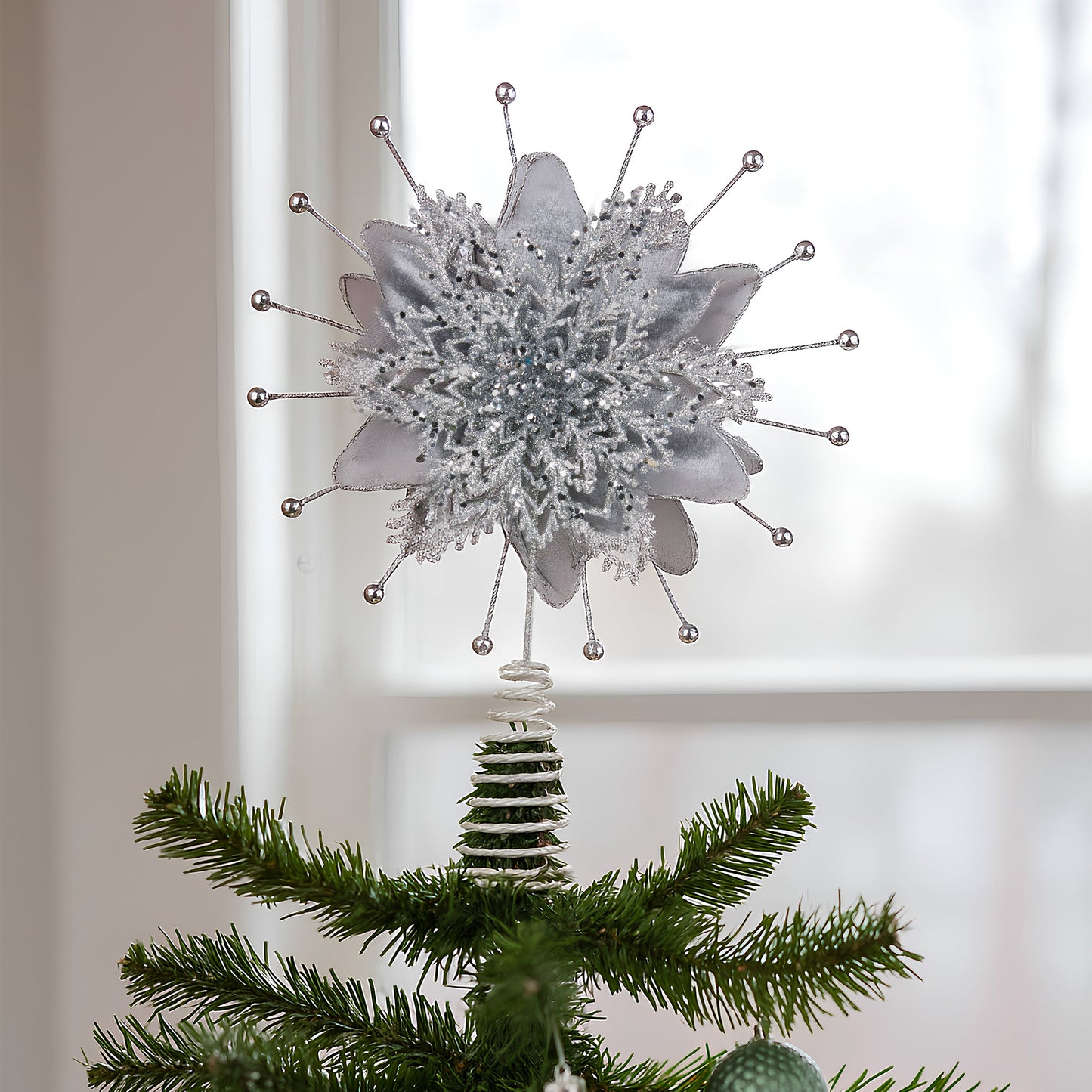 Christabelle Christmas Tree Topper Poinsettia Decoration Ornament Silver Petals V240-112_SHD1043