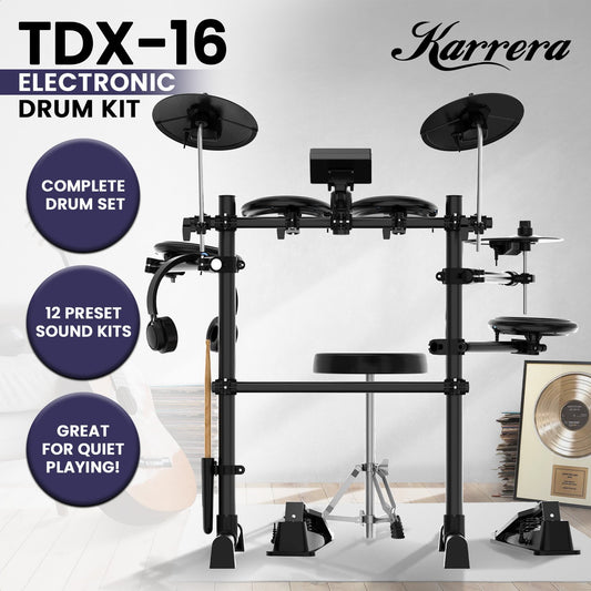 Karrera TDX-16 Electronic Drum Kit with LCD, Toms, Snares Quiet Mesh Pads & Pedals, Adjustable Stool, V240-ELE-DRM-5PC