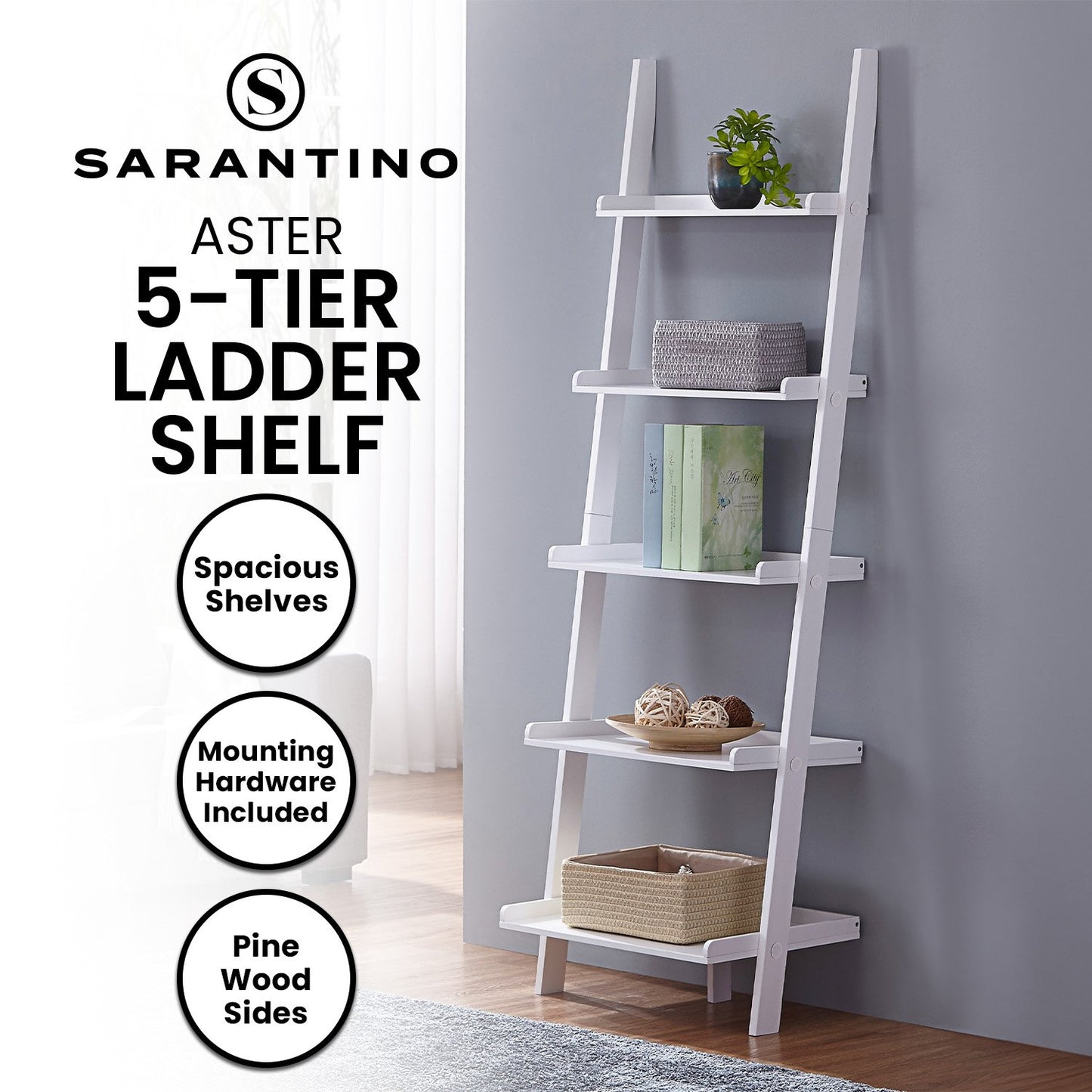 Sarantino Aster 5-Tier Ladder Shelf in White V240-LDS-107-17-WH