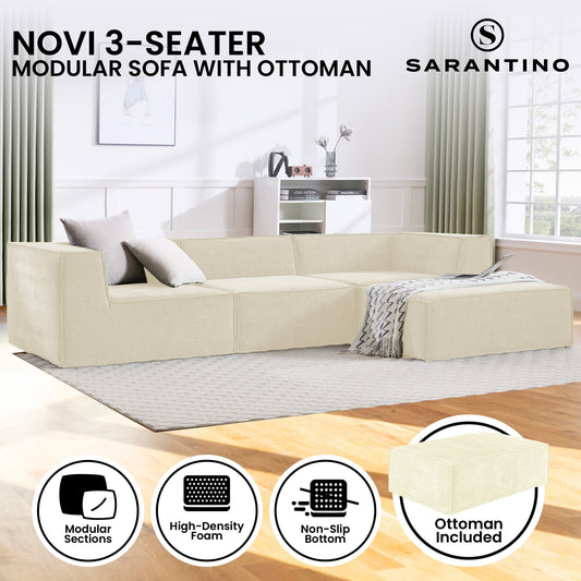 Sarantino Novi 3-Seater Modular Sofa with Ottoman in Cream Non-Slip Bottom Lounge V240-SOFA-MLM-232-CM