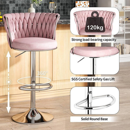 SERENITa Modern Silver Swivel Upholstered Velvet Adjustable Height Counter Stool with Metal Frame Pink (Set V255-GP2217R-PINK