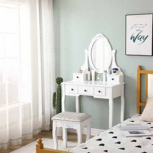 Carved Dressing Vanity Table Set with Mirror&Stool- White V264-TAB-707C-WHE-NA-1