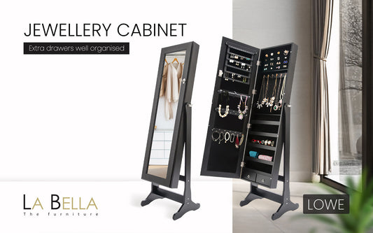 Mirror Jewellery Cabinet Organiser 2 Drawers LOWE 146cm BLACK V274-FT-2D-146BK