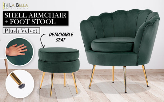 Armchair Lounge Chair Accent Velvet Shell Scallop + Ottoman Footstool Round GREEN V274-FT-VAC-ST-1596-GN