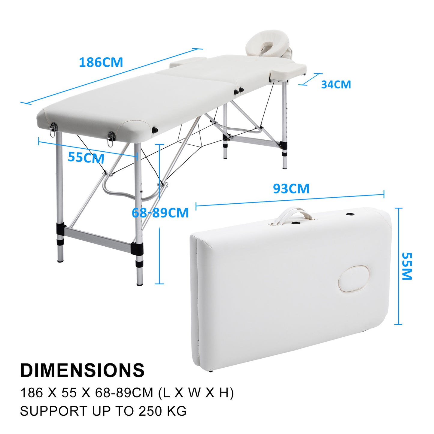 Aluminium Portable Beauty Massage Table Bed 2 Fold 55cm White V274-MT-ALU55-WH