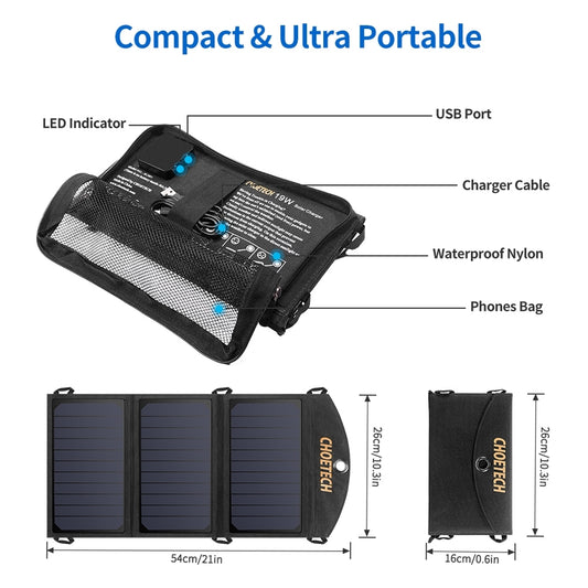 CHOETECH SC001 19W Portable Solar Panel Charger SunPower Panels Dual USB Charger for Camping/RV/Outdoors V28-ELECHOSC001