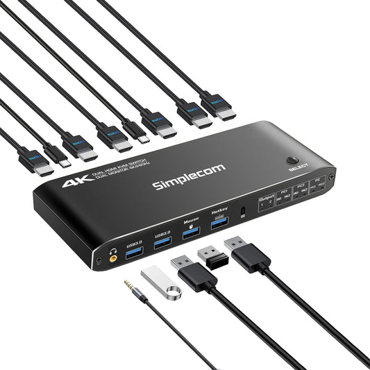 Simplecom KM430 Dual HDMI Monitor KVM Switch for 2 Computers with 4-Port USB Hub 4K@60Hz Keyboard Hotkey V28-SIMKM430