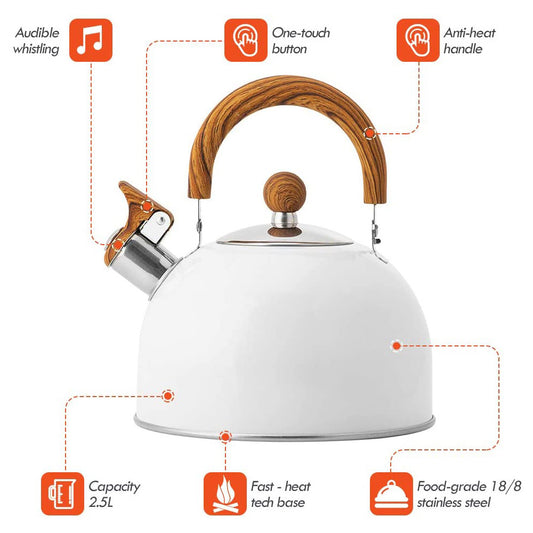 2.5 Liter Tea Whistling Kettle Stainless Steel Modern Whistling Tea Pot for Stovetop White V324-CS-HO-KE02025L-WH