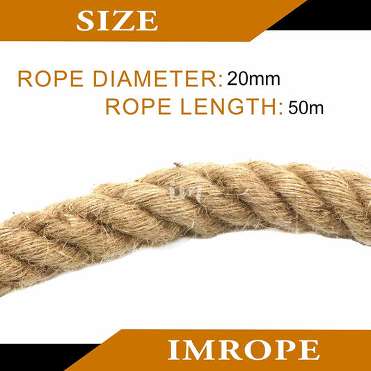 50m Sisal 20mm Rope Natural Twine Cord Thick Jute Hemp Manila Crafting Home Decor V324-HO-20MMSROPE50M